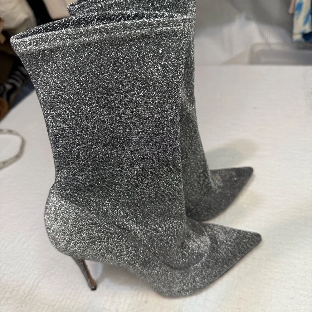 $258 SCHUTZ Silver Metallic Stretch Heeled Ankle Booties 7 NWT